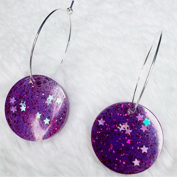 Purple Galaxy Glitter Resin Pendant Hoop Earrings - Picture 7 of 10